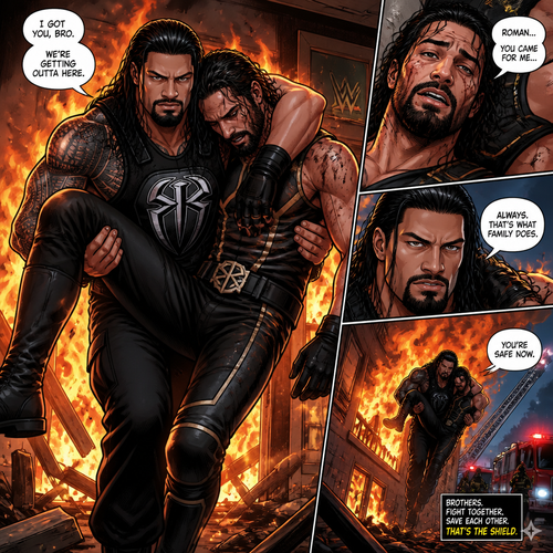 WWE superstar Seth Rollins being rescued By Roman Reigns from a burning building