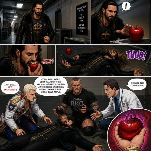 Seth Rollins was walking back stage minding his own business,Then he saw a red apple.He took a bite of it…Then suddenly fell to the ground unconscious.Cody Rhodes and Randy Orton saw what happened and rushed Over to him.A nearby doctor heard the commotion and ran over.”Cody and I were just talking then we saw Seth collapsed on the ground unconscious after taking a bite from that apple” Randy said to the doctor.Cody noticed something off about that apple,So he took a closer look at it.”..Oh god…It’s enchanted!” Said Cody