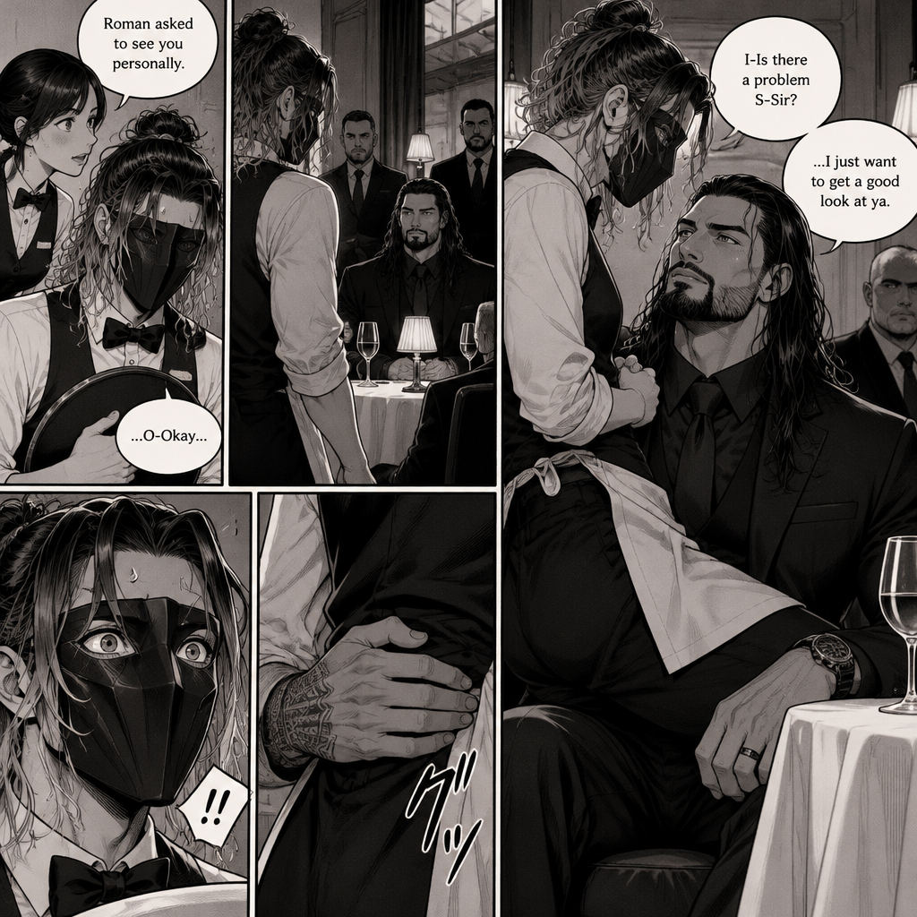 (Recap) Seth Rollins is a waiter at a restaurant,He’s wearing a mask that covers his face because all his life he’s been told he was ugly,He believed it,He’s also too afraid to look at mirrors,One night he was working as usual,then a group of men walked in amongst them was Roman Reigns (Feared mafia Boss) and took a seat,One of the waitresses told Seth that Roman asked to see him personally,Seth was nervous. (And now part 2). Seth nervously walked over to Roman’s table. “I-Is there a problem S-Sir?” Seth asked nervously. “…I just want to get a good look at ya” said Roman. Seth’s eyes Widened. Roman wrapped his arm around Seth’s waist and pulled him onto his lap