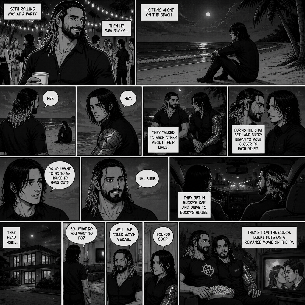 Seth Rollins is at a party,Then he sees Bucky sitting alone on the beach.He walks over to him. “Hey” said Seth. Bucky looked at him. “Hey” Said Bucky.Seth sits beside him.They talked to each other about their lives.During the chat Seth and Bucky began to move closer to each other. “Do you want to go to my house to hang out?” Asked Bucky. “Uh…Sure” said Seth.They get in Bucky’s car and drive to Bucky’s house.The head inside. “So..what do you want to do?” Asked Bucky. “Well…We could watch a movie” Said Seth. “Sounds good” Said Bucky. They sit on the couch,Bucky puts on a romance movie on the tv