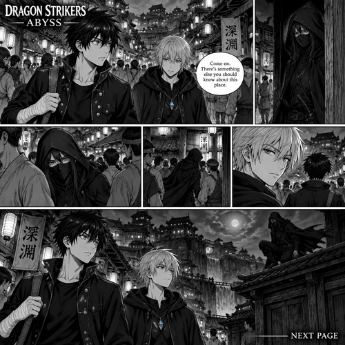 DRAGON STRIKERS — ABYSS — NEXT PAGE

Scene: The assassin silently follows Sora and Rei through the crowded streets of the Abyss village. The page should build suspense without starting a fight yet. Fast pacing, cinematic manga panels, detailed backgrounds, dramatic shadows, and strong character consistency.

Sora Amamiya (17, 178 cm): Slim athletic build, messy layered jet-black hair with sharp irregular spikes and uneven bangs, sharp light-grey eyes with dark pupils, youthful defined face. He wears a fitted black high-collar jacket with silver buttons, a dark shirt, black trousers, a black belt with a rectangular silver buckle, and black lace-up combat boots. White bandages wrap both wrists and partially cover both hands. He carries a dark travel bag. No scars or markings.

Rei Mikazuki: Soft, layered silver hair, cool blue-grey eyes, calm but mysterious expression. He wears a black hooded cloak with subtle blue accents over dark layered clothing, black trousers, black boots, and a blue crystal pendant on a silver chain.

The assassin: Tall and lean, long straight charcoal-black hair, narrow crimson eyes, a black mask covering the lower half of the face, fitted black combat outfit, black gloves, dark trousers, black boots, and a long black hooded cloak. A dark-metal sword hangs at the waist.

Panel 1: Sora and Rei walk through the busy village marketplace, passing wooden stalls, hanging lanterns, and villagers. Sora is listening to Rei while looking around.

Panel 2: Far behind them, the assassin emerges from the shadow of a wooden building, keeping a careful distance. The assassin watches their movements without attracting attention.

Panel 3: The assassin moves through the crowd, using stalls and passing villagers as cover. Show the crimson eyes watching Sora and Rei from beneath the hood.

Panel 4: Rei briefly turns his head as though he senses something unusual, but the assassin has already disappeared behind a building. Sora continues walking, unaware.

Final panel: Sora and Rei walk away in the foreground. On a distant rooftop behind them, the assassin crouches in shadow, one hand resting near the sword. A dark, ominous atmosphere fills the panel.

Dialogue: Keep dialogue minimal. Rei says, “Come on. There’s something else you should know about this place.” No fight begins on this page. End with suspense, showing that the assassin is still following them.

Important: Keep all three characters visually consistent across every panel. Do not change their outfits, hair, eye colours, or accessories. Preserve the Abyss village setting. Do not introduce new characters or reveal new lore.