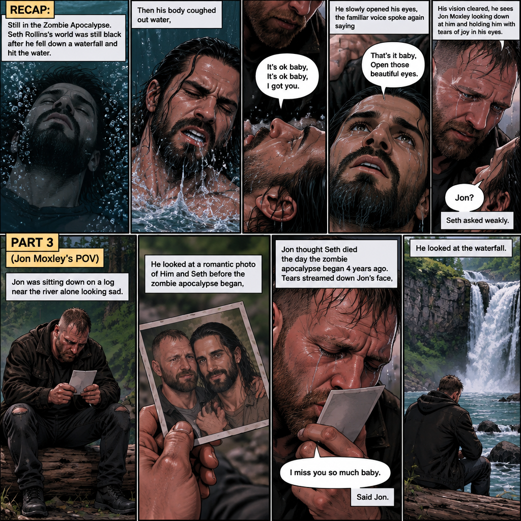 (Recap) Still in the Zombie Apocalypse. Seth Rollins’s world was still black after he fell down a waterfall and hit the water,The his body coughed out water,Then a familiar voice faded in saying “It’s ok baby,It’s ok baby,I got you”,he slowly opened his eyes,the familiar voice spoke again saying “That’s it baby,Open those beautiful eyes”,his vision cleared,he sees Jon Moxley looking down at him and holding him with tears of joy in his eyes,”Jon?” Seth asked weakly. (And now part 3) (This is Jon Moxley’s POV). Jon was sitting down on a log near the river alone looking sad. He looked at a romantic photo of Him and Seth before the zombie apocalypse began. Jon thought Seth died the day the zombie apocalypse began 4 years ago. Tears streamed down Jon’s face,He gently kissed the photo he’s holding. “I miss you so much baby” Said Jon. He looked at the waterfall