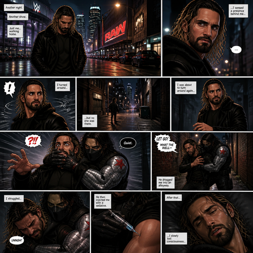 Seth Rollins walking home from the arena alone.Then…he sensed a presence behind him…He turned around…but no one was there.He was about to turn around again…Then he was grabbed from behind…It was the winter soldier.He covered Seth’s mouth with his hand before he could scream.The winter soldier Dragged Seth into an alleyway.Seth struggled.The winter soldier then injected him with a sedative,After that Seth slowly lost consciousness