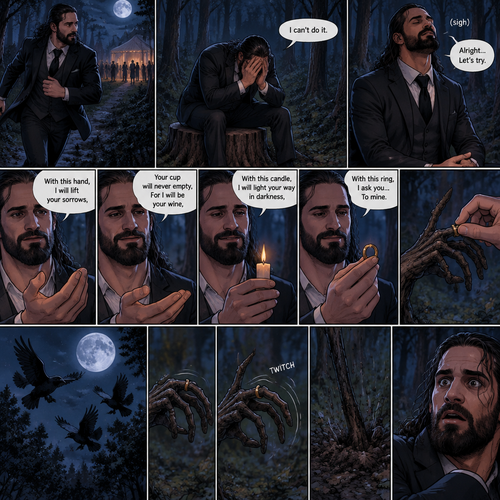 (Part 1 of the corpse bride,Seth x Becky style). Seth Rollins was walking in the woods alone at night after running away from a wedding rehearsal. After a while He sat at a tree stump,he puts his head in his hands. “I can’t do it” Seth said to himself. He took a deep breath. He began practicing his vows,”With this hand,I will lift your sorrows,Your cup will never empty,For I will be your wine,With this candle,I will light your way in darkness,With this ring,I ask you…To mine”. He puts the wedding ring on a tree branch that suspiciously looks like a ring finger. Then the crows flew by,Then….The branch the suspiciously looked like a hand…twitched. Then….The branch that suspiciously looks like a hand pulled itself underground. Seth got spoked when he saw that
