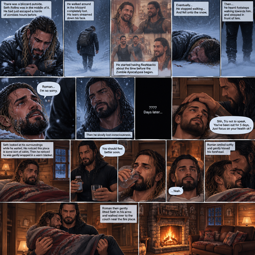 There was a blizzard outside,Seth Rollins was in the middle of it,He had just escaped a horde of zombies hours before.He was shaking because of the cold.He walked around in the blizzard completely lost.His tears streamed down his face.He started having flashbacks about the time before the Zombie Apocalypse began.Eventually….He stopped walking…And fell onto the snow,Then….he heard footsteps walking towards him…and stopped in front of him.He looked up…It was Roman Reigns.He thinks it’s a hallucination. “Roman…I’m so sorry” Seth said to the “Hallucination”,Then he slowly lost consciousness. ???? Days later,Seth was still unconscious,He felt a hand gently stroke his head,He slowly regained consciousness,The first thing he saw when he woke up…was Roman looking at him and Gently stroking his head.He tried to speak “Ro-“. “Shh,Try not to speak,You’ve been out for 5 days,Just focus on your health ok?” Roman said Softly.Seth gave a small nod.Roman smiled softly and gently kissed his forehead.Roman went to the bathroom to get Seth some cold medicine.Seth looked at his surroundings while he waited,He noticed this place is some sort of cabin,Then he noticed he was gently wrapped in a warm blanket.Roman came back with the cold medicine.Seth slowly sat up.Roman Gave Seth the medicine,He drank it.He finished it.“You should feel better soon” Roman said softly. Seth nodded in agreement.Roman then gently lifted Seth in his arms and walked over to the couch near the fire place