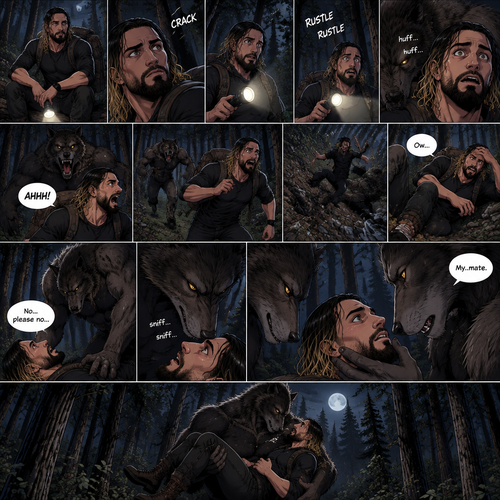 Seth Rollins was lost in the middle of the woods at night,The only this has right now is a backpack and a flashlight.He was about to take a break…then he heard something stepping on a twig.He looked around for the source pointing his flashlight,Then he heard something moving in the woods,He was looking frantically.He was about to give up….then he felt something breathing on him,his heart was beating loudly,He turned around slowly while pointing his flashlight…it was….A werewolf!!.Seth Yelled in fear and ran.The werewolf chased after him,It was gaining on Seth…but he wasn’t about to give up now..so he kept running.Seth was still running….then he tripped and rolled down a steep hill,He sprained his ankle on the way down…and then he hit his head at the bottom of the hill. “Ow” said Seth.He rolled on his back,His head and his ankle were hurting.The werewolf caught up to him. “No…please no” said Seth. The werewolf slowly walked up to him,Then it slowly got on top of him.he braced himself,He thought the werewolf was gonna eat him….But….it didn’t happen…instead…the werewolf leaned forward and sniffed him.The werewolf snapped his head up to look at Seth afterwards.The werewolf then gently placed his hand on Seth’s jaw making him look up at him.They stared into each others eyes,There was something…pulling them together,Then….the werewolf spoke “My..mate”.Seth was caught off guard by what the werewolf just said,Then the werewolf lifted him in his arms and walked into the woods