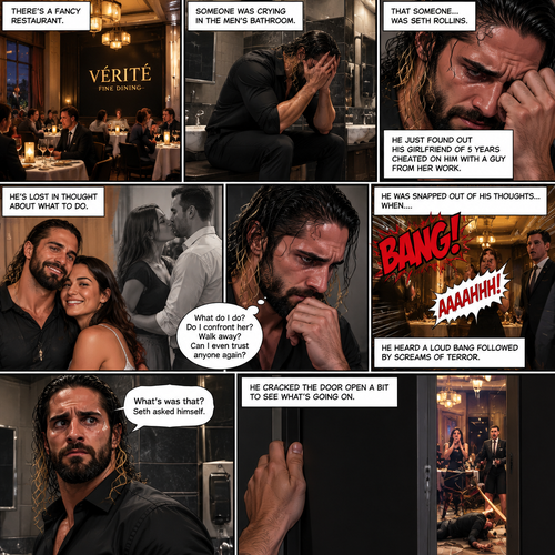 There’s a fancy restaurant,Someone was crying in the men’s bathroom,That someone…was Seth Rollins. He just found out his girlfriend of 5 years cheated on him with a guy from her work. He’s lost in thought about what to do,He was snapped out of his thoughts…when….he heard a loud bang followed by screams of terror outside the bathroom. “What’s was that?” Seth asked himself. He cracked the door open a bit to see what’s going on