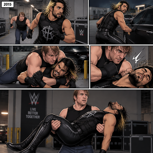 It’s the year 2015,Seth Rollins was being chased backstage by Dean Ambrose. Seth was running to his car,but before he could get there Dean tackled him. Seth struggled. Dean knocked him out. He lifted Seth in his arms