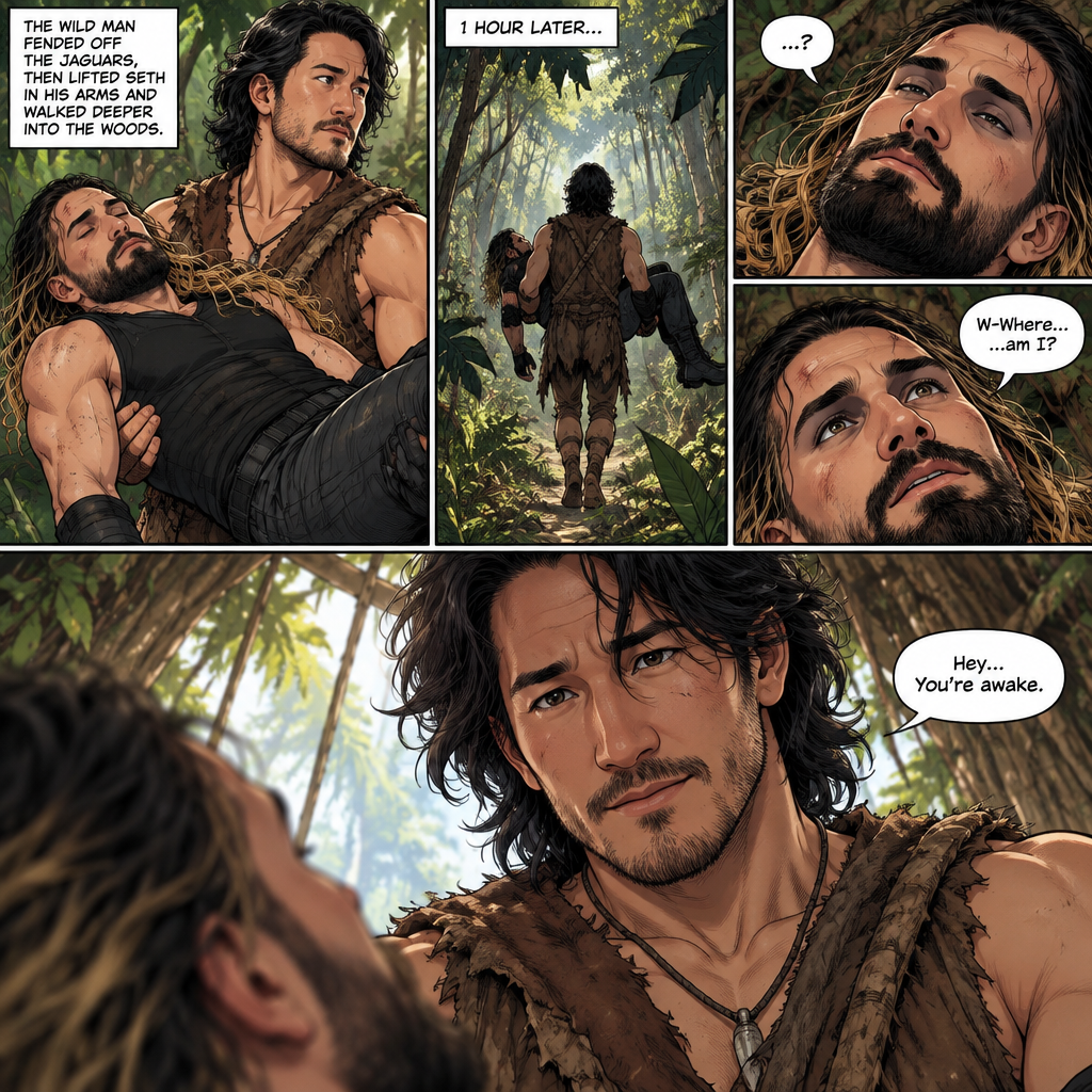 (Recap!) Seth Rollins was in a jungle with a group,Then jaguars appeared,he ran,he tripped and fell. A wild man (Markiplier) jumped in and saved him,A tree branch fell on Seth’s head and he got dizzy and passed out. After the wild man fended off the jaguars he lifted Seth in his arms and walked in the woods. (All caught up? Good! Now onto part 2!). 1 hour had passed,Seth slowly regained consciousness. The wild man was looking down at Him