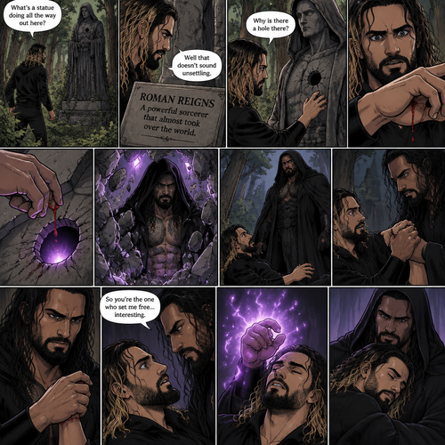 Seth Rollins was walking in the woods near his house,Then…he discovered an old statue Of a man in a cloak (Roman Reigns). “What’s a statue doing all the way out here?” Seth asked himself. He looks at the nameplate “Roman Reigns,A powerful sorcerer that almost took over the world”. “Well that doesn’t sound unsettling” Seth said to himself sarcastically. Then he noticed a hole on the statue. “Why is there a hole there?” Seth asked himself. Then….Seth somehow accidentally cut his hand. A little bit of his blood dripped into the hole,Then…..the hole started glowing,Then the statue….started to crack. Then…the statue broke apart….revealing…the sorcerer himself. Seth was shocked. The sorcerer looked down at Seth. Seth was about to scramble away…but the sorcerer grabbed His wrist before he could get away. He pulled Seth up off the ground by the wrist. He looked at the cut on Seth’s hand. Then he looked back at Seth. Then..the sorcerer spoke “so you’re the one who set me free…interesting”. Seth’s heart was pounding. The sorcerer pulled Seth toward him to get a closer look. He looked at Seth’s eyes. Then…the sorcerer used a spell to make Seth sleep. He held Seth