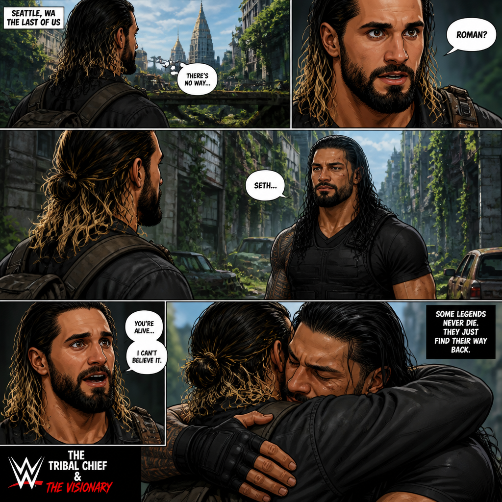 WWE superstar Seth Rollins in the last of us discovers that Roman Reigns is alive and then they hug