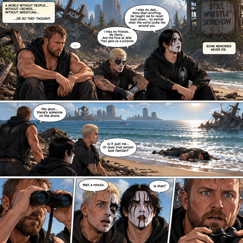 It’s a post apocalyptic world,There was no one walking down on the land….well….except for three AEW wrestlers! Jon Moxley,Darby Allin and Steven Borden (Sting’s son).They worked together side by side in this post apocalyptic world.They thought they were the last wrestlers alive….but little did they know…that on this day….they would be proven wrong.It was a sunny afternoon,Jon,Darby and Steven were just sitting near a beach talking and reminiscing about the time before this world became barren.Steven was reminiscing about his dad and how much he misses him,Darby was reminiscing about his friends,His family and the fans at AEW.Jon was sitting silently,Thinking about the fans at AEW and some other people in his life…He was also thinking about…Seth Rollins and Roman Reigns.He looked at the ocean….That’s when he saw….and unconscious person getting washed up on the shore.He slowly stood up. “Hey guys…there’s someone on the shore” Jon said to Darby and Steven.Darby and Steven stood up and looked at the unconscious person “Is it just me..Or does that person look familiar?” Darby asked.Jon grabbed his Binoculars to get a closer look.Then….they made…a realization. “Wait a minute” said Darby. “Is that?” Asked Steven. Jon slowly lowered his binoculars,Eyes widened in shock