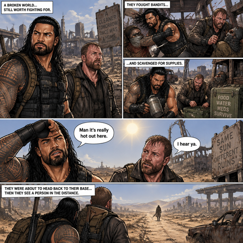 It’s a post apocalyptic world,Roman Reigns and Jon Moxley were side by side surviving the apocalypse together.They fought Bandits and raiders and scavenged for supplies.One day it was really hot outside. “Man it’s really hot out here” Said Roman. “I hear ya” Said Jon.They were about to head back to their base…then they see a person in the distance