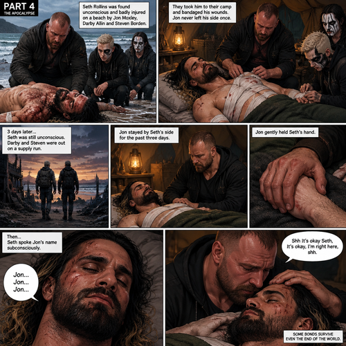 Part 4 of the apocalypse story.Seth Rollins was found unconscious and badly injured on a beach by Jon Moxley,Darby Allin and Steven Borden (Sting’s son).They took him to their camp and bandaged his wounds.Jon never left his side once.3 days later,Seth was still unconscious,Darby and Steven were out on a supply run,Jon stayed by Seth’s side for the past three days.Jon gently held Seth’s hand,Then…Seth Spoke Jon’s name subconsciously “Jon…Jon…Jon”.Jon gently stroked Seth’s head. “Shh It’s okay Seth,It’s okay,I’m right here,shh” Jon whispered