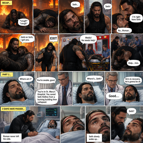 (Recap) Seth Rollins was trapped in a burning building,he couldn’t find a way out,he coughed because of the smoke,he collapsed on the ground,then he heard a familiar voice calling out his name,He opened his eyes,it was Roman Reigns,Seth weakly called out Roman’s name,Roman Rushed over to Seth,”I’m right here Seth” said Roman,he lifted Seth in his arms,”Hold on Seth,I got you” Roman said to Seth”,Roman runs towards an exit,he made it out,He runs to an ambulance with Seth in his arms,”Medic! He needs help!” Roman yelled,he puts Seth on a gurney,the paramedics wheel Seth to an ambulance,the adrenaline that Roman had wore off,”Help….him” said Roman,then….he collapsed on the ground,another team of paramedics rushed to Roman. (And now part 2). Roman woke up at the hospital. A doctor walked in. “You’re awake,good” said the doctor. “Where am I?” Roman asked. “You’re in st. Mary’s hospital,You Saved Seth Rollins from a burning building then collapsed” said the doctor. “Where’s…Seth?” Roman asked. “He’s in recovery,He’s gonna be ok” said the doctor. Roman was relieved. 3 days have passed,Seth was still unconscious at the hospital. Roman never left his side. Seth slowly woke up