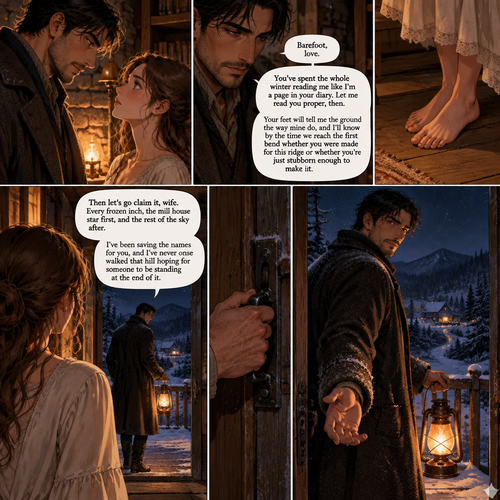 Cormac holds her gaze a long beat, the lamp low between them, and then he looks down at her bare feet on the timber. The fire ticks. The frost holds on the far pane. He does not reach for her coat. He reaches for the door, and he takes the latch with the hand not holding the lamp.
Barefoot, love. You've spent the whole winter reading me like I'm a page in your diary. Let me read you proper, then. Your feet will tell me the ground the way mine do, and I'II know by the time we reach the first bend whether you were made for this ridge or whether you're just stubborn enough to make it.
He swings the door wide, the cold air rushing in to meet the gold of the hearth, and he steps out onto the porch boards first, the lamp held low to light the near path. He waits there, one hand held back to her, the frost already beading on his knuckles, and his voice carries the same unhurried weight as the dark ahead.
Then let's go claim it, wife. Every frozen inch, the mill house star first, and the rest of the sky after. I've been saving the names for you, and I've never once walked that hill hoping for someone to be standing at the end of it.
He does not let go of the latch. He stands in the onen doorwav the lamn raised ist enounh to
Tap blank area