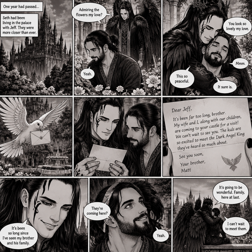 (Part 4 of the dark angel X human story). 1 year had passed,Jeff Hardy (The dark angel king) and Seth Rollins are more closer than ever. Seth had been living in the palace with Jeff. One day Seth was in the garden. Jeff walked behind him. “Admiring the flowers my love?” Jeff asked. Seth smiled softly. “Yeah” Seth said softly. Jeff gently pulled Seth in his embrace. “You look so lovely my love” Jeff said softly. Seth hummed softly. “This so peaceful” Seth said softly. “It sure is” Jeff said softly. Then a messenger bird flew in with a letter. Jeff gently picked up the letter and opened it,It was from his brother Matt saying that he and his wife and kids are coming to Jeff’s castle for a visit. Seth looked at the letter too. Jeff smiled,it had been so long since he’s seen his brother and his family