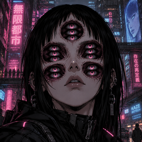 2 eye socket where they usually should be, under those are 2 more eye socket’s then has one more eye socket in the middle of forehead, every eye socket has 3 eyes in them