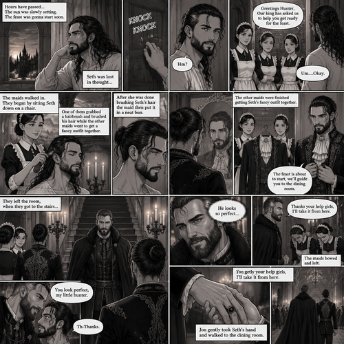 (Recap) Seth Rollins (The vampire hunter) woke up in a Royal bedroom,He finds a note on a nightstand that says “My little hunter,If you are reading this that means you’re awake,I had go out to do my royal duties,In case you’re wondering where you are,you’re in my castle completely safe,I bet you’re wondering why I took you here,I will explain everything soon,There’s going to be a royal feast tonight where I will announce who my bride is,I wish for you to be there,See you tonight my dear, Love Jon”,Then he walked to a mirror and gently traced the bite mark on his neck and wondered what the vampire king (Jon Moxley) wanted with him. (And now part 3). Hours have passed,the sun was slowly setting,The feast was gonna start soon. Seth was lost in thought,Then there was a knock on the door. He got up and opened it,The palace maids were there. “Greetings Hunter,Our king has asked us to help you get ready for the feast” said one of the maids. “Um….Okay” Said Seth. The maids walked in,They began by sitting Seth down on a chair,One of them grabbed a hairbrush and brushed his hair while the other maids went to get a fancy outfit together. After she was done brushing Seth’s hair the maid then put it in a neat bun. Seth looked in the mirror. The other maids were finished Getting Seth’s fancy outfit together. Seth puts it on. “The feast is about to start,we’ll guide you to the dining room” said one of the maids. They left the room,when they got to the stairs…Jon was waiting for them at the bottom. He looked at Seth. “He looks so perfect” Jon said in his mind. He looked at the maids. “Thanks your help girls,I’ll take it from here” Jon said to the maids. The maids bowed and left. Jon looked at Seth again with a smile. “You look perfect,my little hunter” said Jon. Seth blushed a little. “Th-Thanks” said Seth. Jon gently took Seth’s hand and walked to the dining room. (End of part 3)
