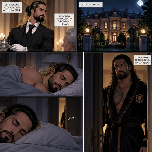 Seth Rollins was working as a butler at a mansion,Later that night He was asleep in his  room.Then…The door to his room quietly opened while he was asleep,The master of the house (Roman Reigns was standing in the doorway