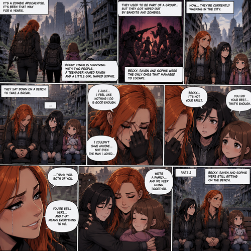 (Recap)It’s a zombie apocalypse,It’s been that way for 6 years,Becky lynch is surviving with two people,A teenager named Raven and a little girl named Sophie,They used to be part of a group…but they got wiped out by Bandits and Zombies,Becky,Raven and Sophie were the only ones that managed to escape.m,They’re currently walking in the city,They sat down on a bench to take a break,They were silent for a while,Then Becky started to cry,Raven and Sophie were concerned,Becky felt like nothing she did was good enough and that she couldn’t save anyone even the man she loved,Raven and Sophie were sad to see Becky like this,They reassured her,Becky smiled softly,They all hug each other. (And now part 2). Becky,Raven and Sophie were still sitting on the bench