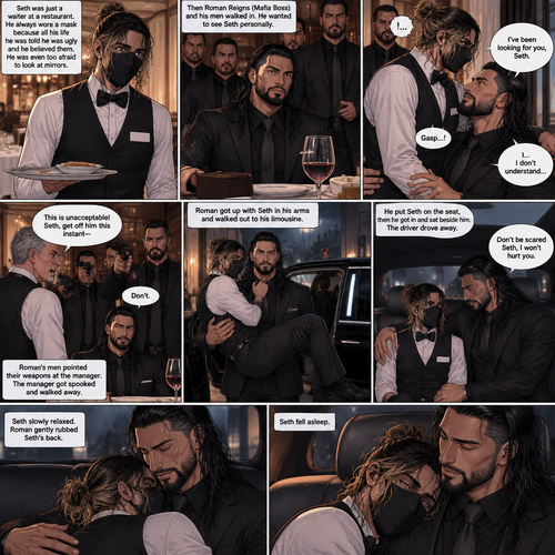 (Recap) Seth Rollins is a waiter at a restaurant,He’s wearing a mask that covers his face because all his life he was told he was ugly and he believed them,He’s also was even too afraid to look at mirrors,Then Roman Reigns (Mafia Boss) and his men walked in and sat down at a table,He wanted to see Seth personally,Seth was nervous but walked over here,Roman wrapped his arm around Seth’s waist and pulled him onto his lap,Seth gasped softly,Roman stated that he’s been Looking for Seth,Seth was confused,The manager walked over and was about to lecture Seth but Roman’s men pointed their weapons at him,Roman gave him a cold look and said “Don’t”,The manager got spooked and walked away,Roman looked back at Seth,Seth’s heart was racing. (And now part 3). Roman got up with Seth in his arms and walked out to his limousine. He put Seth on the seat,Then he got in and sat beside him. The driver drove away. Roman Wrapped his arm around Seth. “Don’t be scared Seth,I won’t hurt you” Roman Said softly. Seth slowly relaxed. Roman gently rubbed Seth’s back. Seth fell asleep