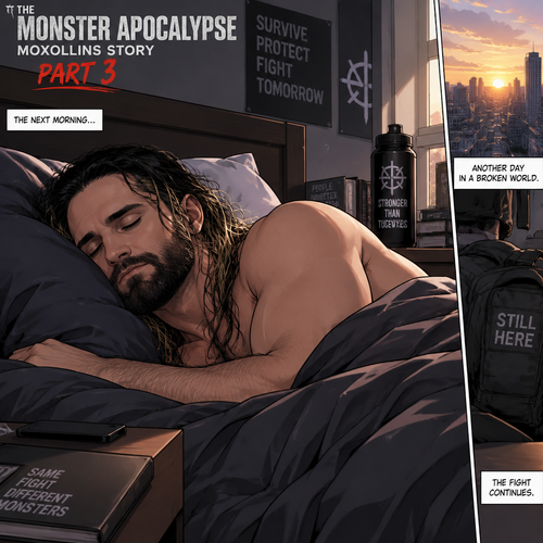 (The monster apocalypse/Moxollins story part 3). The next morning,Seth Rollins was asleep on a bed in 