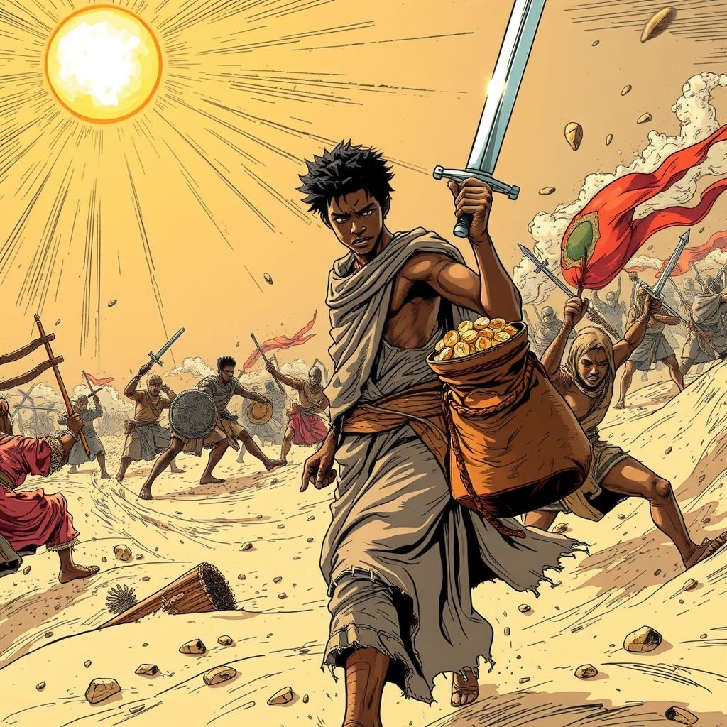 A lonely African young man with a bag of money and a sword standing in the middle of a desert with people fighting each other