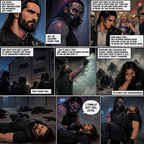 Seth Rollins is a secret agent,For years he was tracking down the nefarious Jeff Hardy…But he escaped every time. Years ago back in high school Seth had a girlfriend,But then she cheated on him and humiliated him In front of the entire school,Ever since then…He’s stopped making room for love in his life in fear he would get heart broken again. One night Seth and a group of agents tracked Jeff down to an abandoned warehouse.they found him…he’s wearing a gas mask. Seth slowly realizes…it was a trap,But before anyone could do anything Jeff threw a can of knock out gas in the air and shot it. Everyone was coughing and slowly losing consciousness,Only Seth tried to fight it,But…He couldn’t fight it anymore,He slowly lost consciousness. All of the agents are unconscious,Jeff slowly walked to the unconscious Seth. He looked down at Seth. “I finally got you,Cutie” Said Jeff. He lifted Seth in his arms