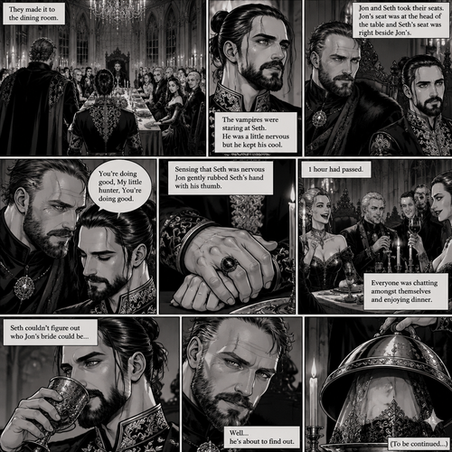 (Recap) Seth Rollins (The vampire hunter) was in a royal bedroom lost in thought,The maids knocked on the door and said “Greetings Hunter,Our King has asked us to help you get ready for the feast”,One of the maids brushed Seth’s hair and put it in a neat bun while the other maids get his fancy outfit ready,Seth puts the fancy outfit on,they left the room,Jon Moxley (the vampire king was waiting for them at the bottom of the stairs,Jon thought Seth looked perfect,He dismissed the maids,gently took Seth’s hand and walked to the dining room. (And now part 4). They made it to the dining room,there were other vampires there. Seth was a little nervous but he kept his cool. Jon and Seth took their seats,Jon’s seat was at the head of the table and Seth’s seat was right beside Jon’s. The vampires were staring at Seth,He’s a little nervous. Sensing that Seth was nervous Jon gently rubbed Seth’s hand with his thumb. “You’re doing good,My little hunter,You’re doing good” Jon whispered to Seth. Seth relaxed a little. 1 hour had passed,everyone was chatting amongst themselves and enjoying dinner. Seth couldn’t figure out who Jon’s bride could be…well….he’s about to find out