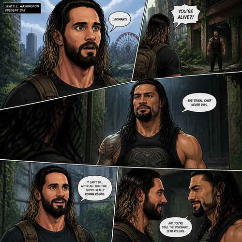 WWE superstar Seth Rollins in the last of us discovers that Roman Reigns is alive
