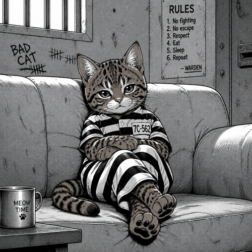 Create an inmate of a cat sitting on a sofa a small cat with a slight leopards printed fur but not yellow but brown ish 
