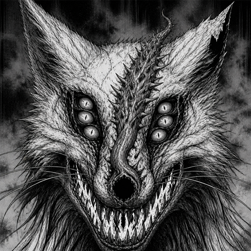 Front view of a fox face showing teeth Teeth, kind of look like flames Tongue is really spiky and fucked up, and it goes all the way up towards the eye the eye sockets each have three eyeballs in each eye socket the left ear has a chunk taken off ears are very pointy and look like fur the nose of the fox is gone. It just has a hole there where it should be drawing