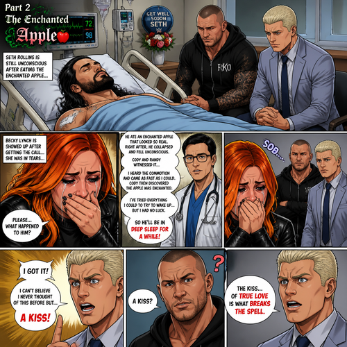 Part 2 of the enchanted apple story.Seth Rollins is now at the hospital Still unconscious after eating the enchanted apple with Randy Orton and Cody Rhodes by his side.Then Becky Lynch showed up after getting the call about Seth being in the hospital,She was in tears.She asked the doctor what happened to him.The doctor tells her what happened from the Apple,To Seth falling unconscious,To Cody and Randy witnessing it,To the doctor hearing the commotion,To Cody discovering the apple was enchanted ”I’ve tried everything I could to try to wake up…but I had no luck,So he’ll be in deep sleep for a while” Said the doctor. Becky cried,While Randy and Cody just looked sad.Then…Cody suddenly thought of a solution, “I got it! I can’t I never thought of this before but…A kiss!” Said Cody. Randy raised an eyebrow “A kiss?” Asked Randy. “The kiss…Of true love is what breaks the spell” said Cody