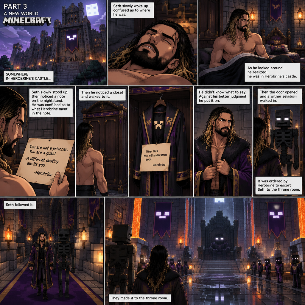(Part 3) we’re now in the world of Minecraft. Seth Rollins was asleep in some sort of royal bed….Herobrine’s royal bed. Seth slowly woke up,he was confused as to where he was. As he looked around….he realized…he was in Herobrine’s castle. He slowly stood up,then he noticed a note on the nightstand. He was confused as to what Herobrine ment in the note,then he noticed a closet and walked to it. He opened the door and sees a fancy Robe and a note attached to it. He didn’t know what to say,Against his better judgment he put it on. Then the door opened and a wither skeleton walked in. It was ordered by Herobrine to escort Seth to the throne room. Seth followed it. They made it to the throne room