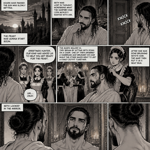 (Recap) Seth Rollins (The vampire hunter) woke up in a Royal bedroom,He finds a note on a nightstand that says “My little hunter,If you are reading this that means you’re awake,I had go out to do my royal duties,In case you’re wondering where you are,you’re in my castle completely safe,I bet you’re wondering why I took you here,I will explain everything soon,There’s going to be a royal feast tonight where I will announce who my bride is,I wish for you to be there,See you tonight my dear, Love Jon”,Then he walked to a mirror and gently traced the bite mark on his neck and wondered what the vampire king (Jon Moxley) wanted with him. (And now part 3). Hours have passed,the sun was slowly setting,The feast was gonna start soon. Seth was lost in thought,Then there was a knock on the door. He got up and opened it,The palace maids were there. “Greetings Hunter,Our king has asked us to help you get ready for the feast” said one of the maids. “Um….Okay” Said Seth. The maids walked in,They began by sitting Seth down on a chair,One of them grabbed a hairbrush and brushed his hair while the other maids went to get a fancy outfit together. After she was done brushing Seth’s hair the maid then put it in a neat bun. Seth looked in the mirror