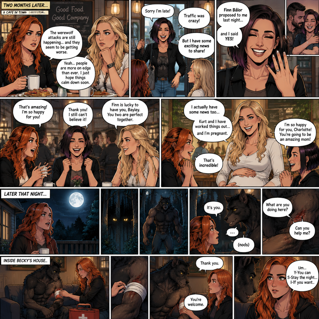 (Part 2 of the Werewolf X human story). It’s been two months since the night Becky Lynch and Her friends Charlotte Flair and Bayley saved the Man (Seth Rollins). They haven’t seen him since. Becky and charlotte were having brunch at a cafe,They were talking about the recent werewolf attacks. Then Bayley showed up late….with a happy grin on her face. She apologized for being late and sat at the table. Then she said she’s has some exciting news to share with the two of them….Finn Bálor proposed to her last night…and she said yes. Becky and Charlotte were happy and excited for Bayley. Then Charlotte said she’s has some news of her own. She and her husband (Kurt Wagner a.k.a nightcrawler) have worked it out…and She’s pregnant. Becky and Bayley were happy and excited for Charlotte. Later that night,Becky was in her backyard looking at the moon…then…She heard a noise from the forest near her house. She looked closely. A pair of Yellow eyes were looking at her. A werewolf slowly walked out of the forest and walked towards her. Her heart was pounding. The werewolf stood in front of her. She….recognized those eyes….it was the man Becky and the girls saved two months ago. “It’s you” said Becky. He nodded. “What are you doing here?” Becky asked. He shows her the wound on his arm…then he spoke “Can you help me?”. Becky looked at the wound. “Sure…I can help you” Said Becky. They went inside Becky’s house. Becky went to get the first aid kit and the werewolf sat down on the couch. She came back and gently treated the werewolf’s wound. After a while,she was finished. “Thank you” the werewolf said softly. “You’re welcome” Becky said softly. They stared at each other. “Um….Y-You can S-Stay the night…I-If you want” Becky said Nervously.