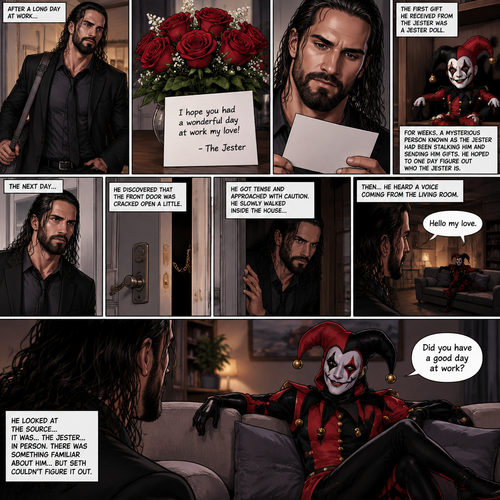 Seth Rollins came home after a long day,He discovered a bouquet of roses on his table. He reads the card,it says “I hope you had a wonderful day at work my love!-The jester”. This wasn’t the first time he received a gift like this. A mysterious person known as the Jester had been stalking him and sending him gifts for weeks. He was never able to figure who this person is. The first gift he received from the jester was a jester doll. He hoped to one day figure out who the jester is. The next day,he came home from work as usual….but….he discovered that the front door was cracked open a little. He got tense and approached with caution. He slowly walked inside the house,then….he heard a voice coming from the living room “Hello my love”. He looked at the source….it was…the jester….in person,Sitting on Seth’s couch. There was something familiar about him…but Seth couldn’t figure it out. “Did you have a good day at work?” Asked the Jester