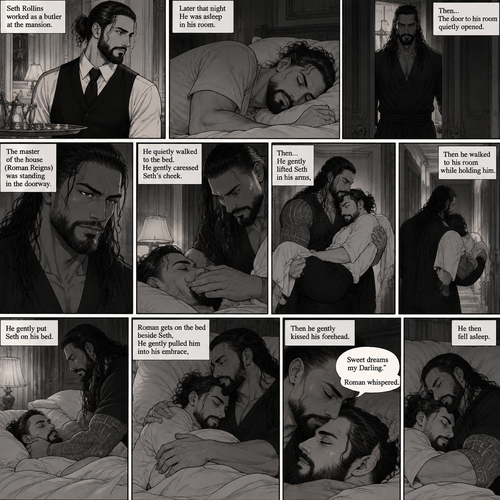 Seth Rollins was working as a butler at a mansion,Later that night He was asleep in his  room.Then…The door to his room quietly opened while he was asleep,The master of the house (Roman Reigns) was standing in the doorway.He quietly walked to the bed.He gently caressed Seth’s cheek,Then…He gently lifted Seth in his arms,Then he walked to his room while holding him.He gently put Seth on his bed.Roman gets on the bed beside Seth,He gently pulled him into his embrace,Then he gently kissed his forehead. “Sweet dreams my Darling” Roman whispered.He then fell asleep