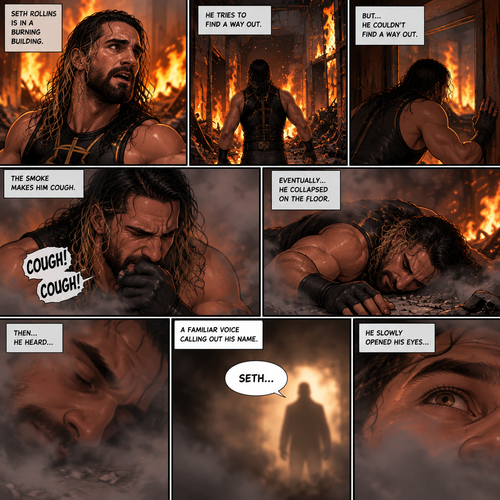 Seth Rollins is in a burning building,He tries to find a way out,he couldn’t find a way out. He was coughing because of the smoke,Eventually….he collapsed on the floor. Then….He heard….a familiar voice calling out his name. He slowly opened his eyes
