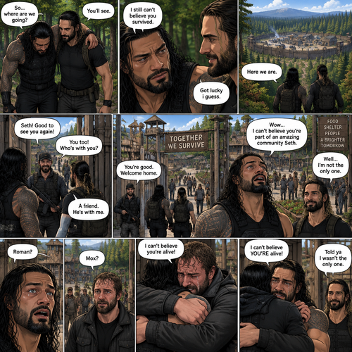(Part 2 of the Zombie Apocalypse story). Still in the woods,Still far away from the zombies. Roman Reigns was still limping from the sprained ankle and Seth Rollins was helping him walk. It had been 4 hours since they reunited. “So…where are we going?” Roman asked. “You’ll see” said Seth. “I still can’t believe you survived” Said Roman. “Got lucky i guess” said Seth. They kept walking till they spotted a community like town up a head. “Here we are” Said Seth. They walked towards it. One of the guards recognized Seth. The guards let Seth and Roman in. Roman looked at the surroundings,he was amazed. “Wow…I can’t believe you’re part of an amazing community Seth” Said Roman. “Well…I’m not the only one” said Seth. Before Roman could ask what Seth ment….He heard a familiar voice behind him “Roman?”. He turned around…it was Jon Moxley (formerly known as Dean Ambrose). “Mox?” Asked Roman. Tears welled up In Jon and Roman’s eyes. They hugged each other and cried tears of joy. “I can’t believe you’re alive!” Said Jon. “I can believe YOU’RE alive!” Said Roman. “Told ya I wasn’t the only one” said Seth
