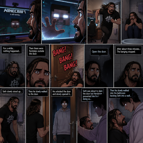 (part 2) Minecraft is still running. Herobrine still stared at Seth Rollins through the webcam. Seth was still paralyzed from fear. Herobrine put his hand on the screen…it went through. Seth ran out of the room in fear and locked himself in the bathroom. For a while nothing happened…then there were footsteps outside the door. Seth’s heart was pounding. Then…..something banged on the door. Seth scrambled away from the door in fear. Then a voice spoke from the door “Open the door”. Seth was too scared to move. The banging on the door continued. After about three minutes,The banging stopped. Seth slowly stood up,Then he slowly walked to the door. He unlocked the door and slowly opened it….Herobrine was standing in front of him….in human form. Seth was about to slam the door but herobrine prevented him from doing so,Then he slowly walked into the bathroom backing Seth into a wall