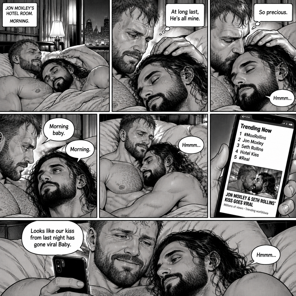 (Part 3). Still in Jon Moxley’s hotel room. Jon Moxley and Seth Rollins were asleep after last night’s activity. Jon slowly woke up,he looked down at Seth who was still asleep. Jon smiled,then he gently stroked Seth’s head. “At long last,He’s all mine” Jon thought to himself. He gently kissed Seth’s forehead. Seth hummed softly in his sleep. “So precious” Jon thought to himself. Seth slowly woke up. “Morning baby” Jon said softly. “Morning” Seth said softly. Jon gently pulled Seth closer to him. Jon picked up his phone. That kiss with Seth from last night went viral. Jon looked at Seth and smiled. “Looks like our kiss from last night has gone viral Baby” Jon said Softly. Seth hummed softly