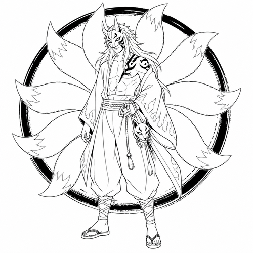 Oni Nine tailed fox oni circle behind him . Full body easy level to trace
