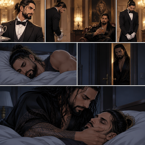 Seth Rollins was working as a butler at a mansion,Later that night He was asleep in his  room.Then…The door to his room quietly opened while he was asleep,The master of the house (Roman Reigns) was standing in the doorway.He quietly walked to the bed.He gently caressed Seth’s cheek