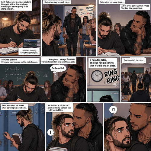 Seth Rollins was a college student,He spent all his time studying. He thought he was going to be alone forever…but then one day….Everything changed. He just arrived In math class,He sat at his usual desk…then along came Damien Priest,The bad boy on campus. The girls were gushing and giggling all over him. Seth was just trying to focus on studying and taking notes. Damien sat on the desk next to Seth. Minutes passed,Everyone was focused on the math lesson…everyone…except Damien. He was focused on only one thing…Seth. He was looking at Seth like he was the most beautiful angel he’s ever seen. “So beautiful” Damien said in his mind. 3 minutes later,The bell rang meaning that it’s the end of class,Everyone left the class. Seth walked to his locker while carrying his notebooks,He arrived at his locker….then suddenly Damien was right behind him. Seth was startled