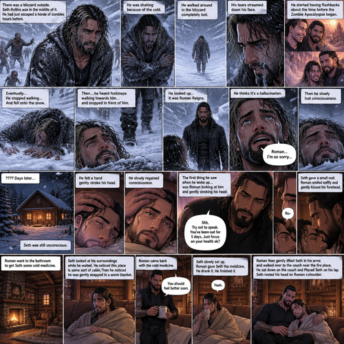 There was a blizzard outside,Seth Rollins was in the middle of it,He had just escaped a horde of zombies hours before.He was shaking because of the cold.He walked around in the blizzard completely lost.His tears streamed down his face.He started having flashbacks about the time before the Zombie Apocalypse began.Eventually….He stopped walking…And fell onto the snow,Then….he heard footsteps walking towards him…and stopped in front of him.He looked up…It was Roman Reigns.He thinks it’s a hallucination. “Roman…I’m so sorry” Seth said to the “Hallucination”,Then he slowly lost consciousness. ???? Days later,Seth was still unconscious,He felt a hand gently stroke his head,He slowly regained consciousness,The first thing he saw when he woke up…was Roman looking at him and Gently stroking his head.He tried to speak “Ro-“. “Shh,Try not to speak,You’ve been out for 5 days,Just focus on your health ok?” Roman said Softly.Seth gave a small nod.Roman smiled softly and gently kissed his forehead.Roman went to the bathroom to get Seth some cold medicine.Seth looked at his surroundings while he waited,He noticed this place is some sort of cabin,Then he noticed he was gently wrapped in a warm blanket.Roman came back with the cold medicine.Seth slowly sat up.Roman Gave Seth the medicine,He drank it.He finished it.“You should feel better soon” Roman said softly. Seth nodded in agreement.Roman then gently lifted Seth in his arms and walked over to the couch near the fire place,He sat down on the couch and Placed Seth on his lap.Seth rested his head on Roman’s shoulder