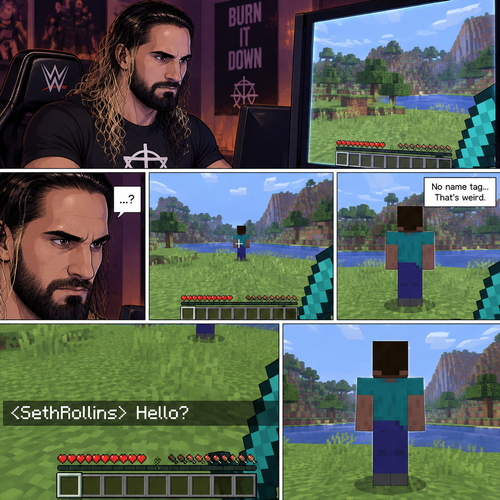Seth Rollins was playing Minecraft alone on his computer,Then he sees something in the distance. It was a player with the default skin,His back was facing Seth. The strange thing about this player…was that there was no name tag above him. Seth got suspicious,He moved his character closer to the player,Then he typed in the chat bar “Hello?”