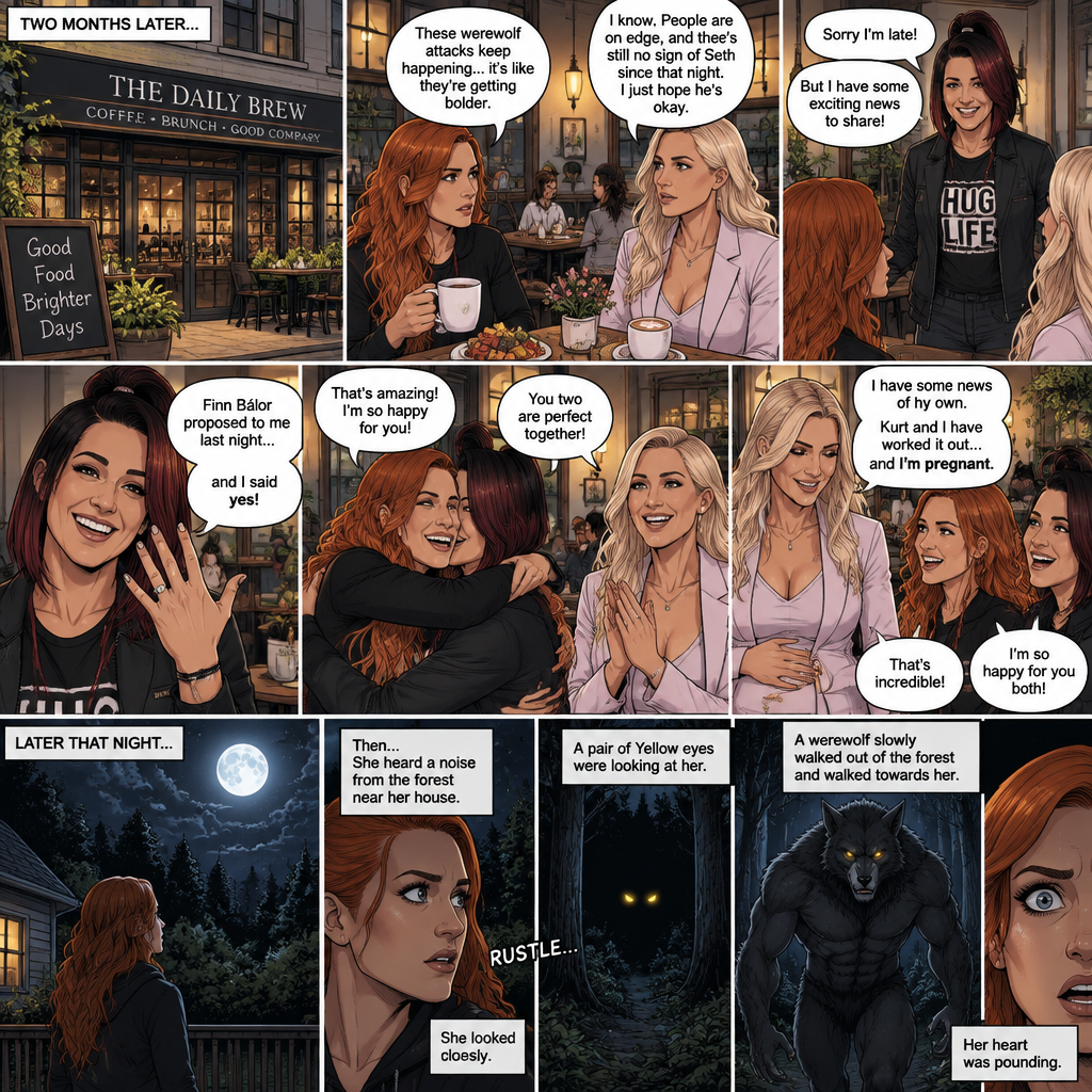 (Part 2 of the Werewolf X human story). It’s been two months since the night Becky Lynch and Her friends Charlotte Flair and Bayley saved the Man (Seth Rollins). They haven’t seen him since. Becky and charlotte were having brunch at a cafe,They were talking about the recent werewolf attacks. Then Bayley showed up late….with a happy grin on her face. She apologized for being late and sat at the table. Then she said she’s has some exciting news to share with the two of them….Finn Bálor proposed to her last night…and she said yes. Becky and Charlotte were happy and excited for Bayley. Then Charlotte said she’s has some news of her own. She and her husband (Kurt Wagner a.k.a nightcrawler) have worked it out…and She’s pregnant. Becky and Bayley were happy and excited for Charlotte. Later that night,Becky was in her backyard looking at the moon…then…She heard a noise from the forest near her house. She looked closely. A pair of Yellow eyes were looking at her. A werewolf slowly walked out of the forest and walked towards her. Her heart was pounding