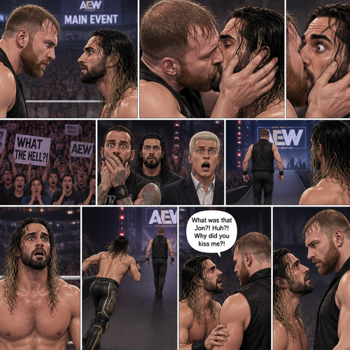 Jon Moxley and Seth Rollins were in a match against each other. It’s the main event. It seemed like it was gonna go on for a while…but then….something unexpected happened. Jon cupped his hands on Seth’s face….pulled him in…and kissed him. Seth’s eyes widened,The fans went crazy with shock,even some of the superstars that were watching were shocked. Jon then pulled away. Seth just stood there stunned. Jon didn’t say a word,he walked out of the ring and walked up the ramp. Seth eventually snapped out of it and left the ring to run to Jon. He managed to catch up to him. “What was that Jon?! Huh?! Why did you kiss me?!” Seth asked. Jon stopped walking and looked at Seth,He still didn’t say a word. He walked closer to Seth